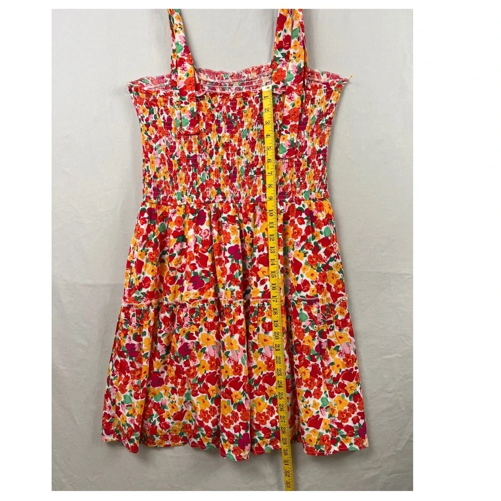 ZESICA Floral Mini Dress Women XL Red Orange Smocked Tie Strap Tiered Cottage